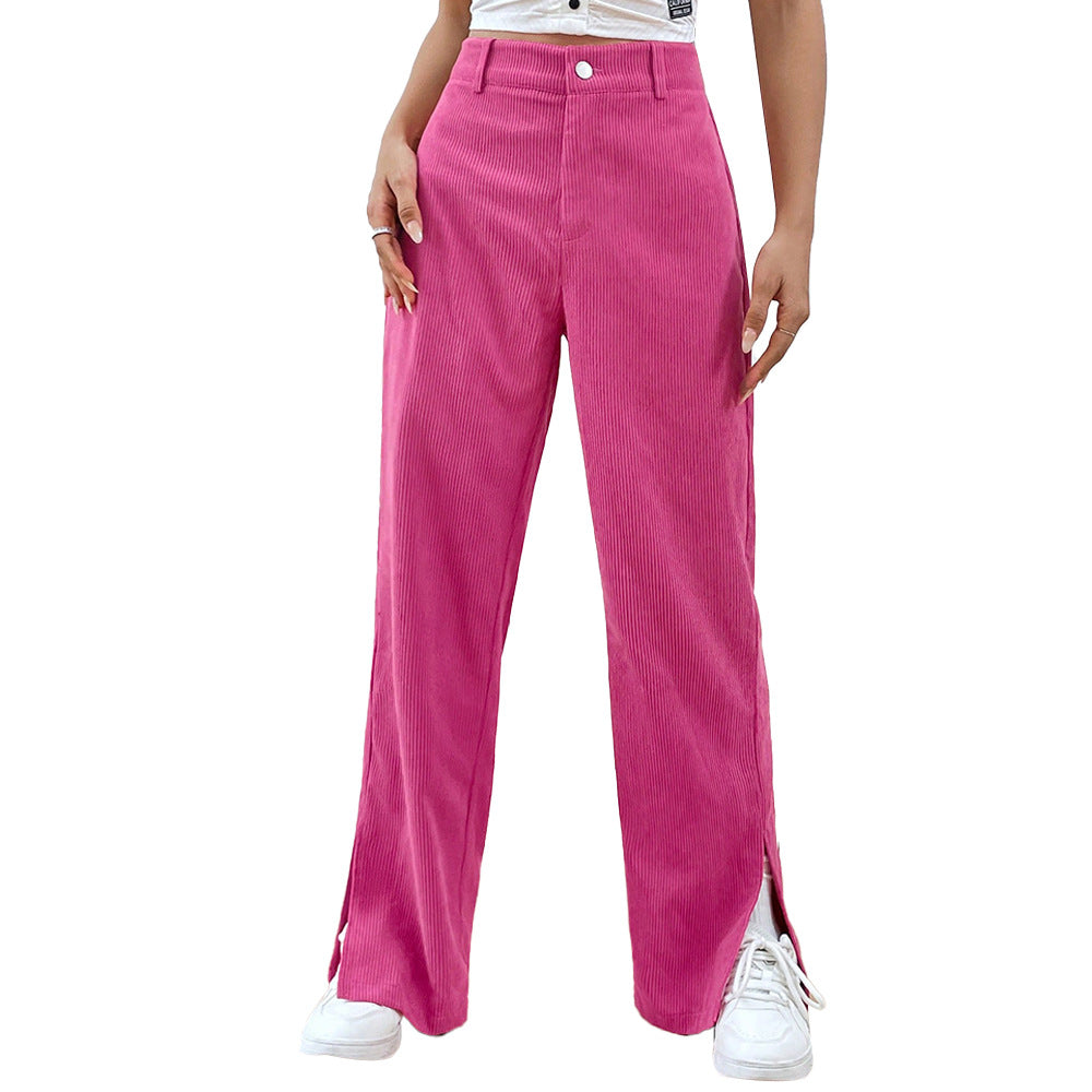 Women's wide-leg corduroy trousers with side slits, size