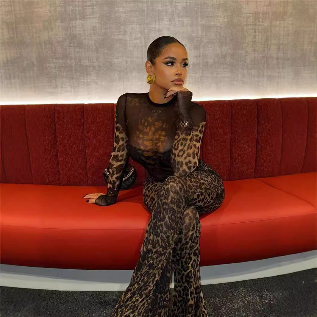 Valenzora | Leopard print long-sleeved top and pants set