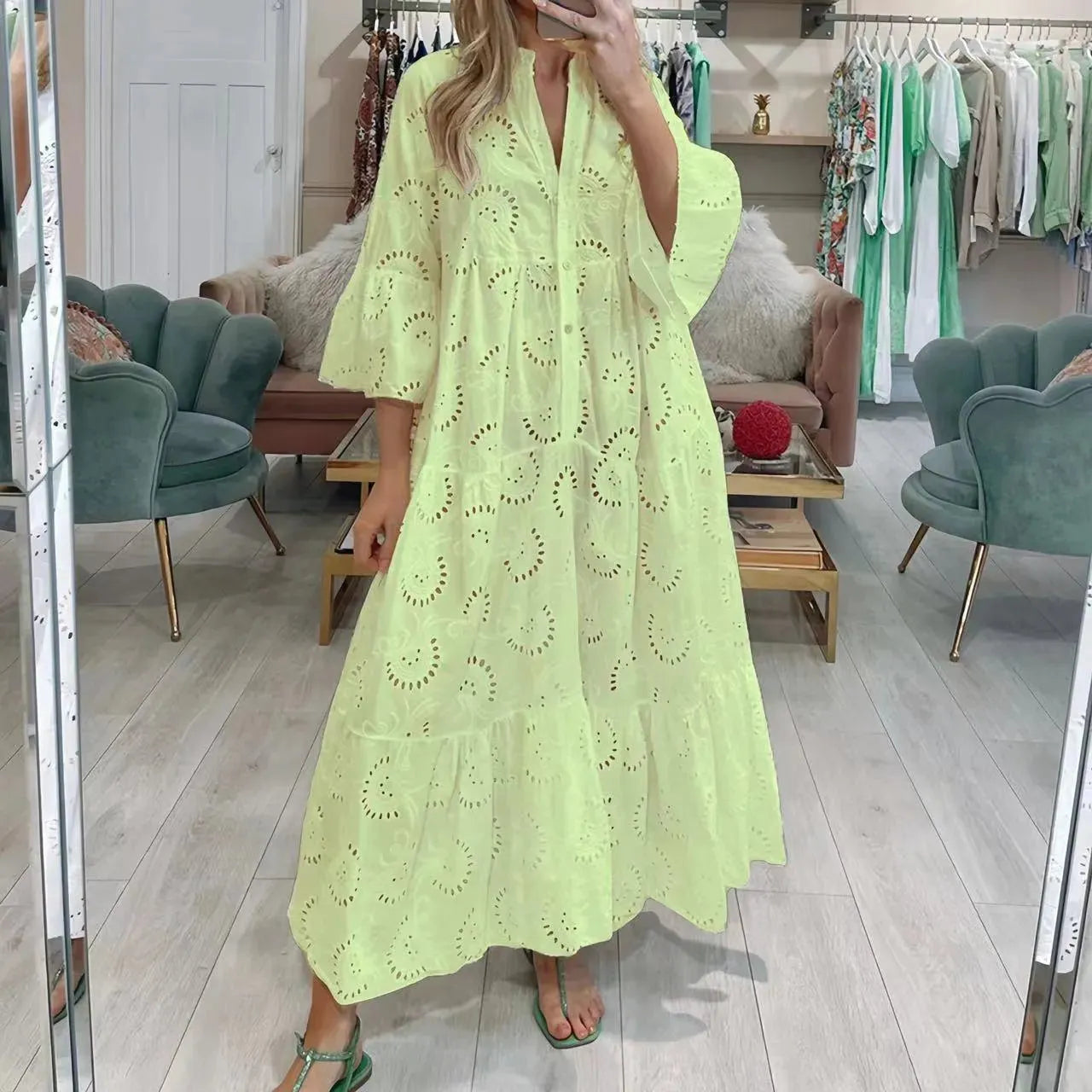 Valenzora | Women's full-length V-neck dress in French style