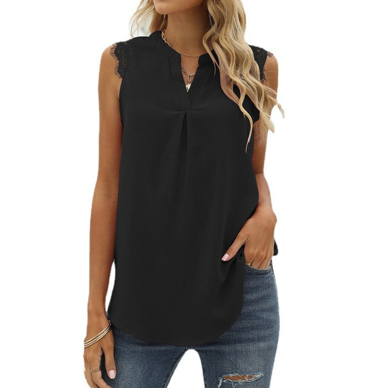 Damen-Bluse ärmellos mit eleganter Spitzen-Einlage und modischen Fältchen, Größe