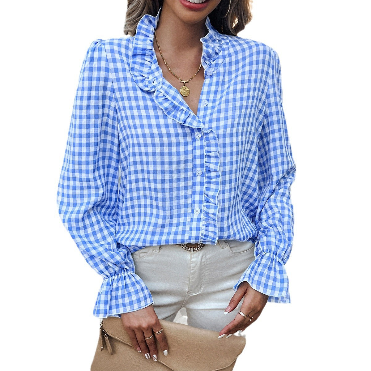Women's checked blouse with ruffle details and button placket, size