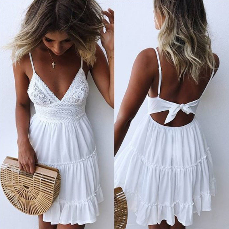Women's airy summer dress with V-neck and ruffle details, size