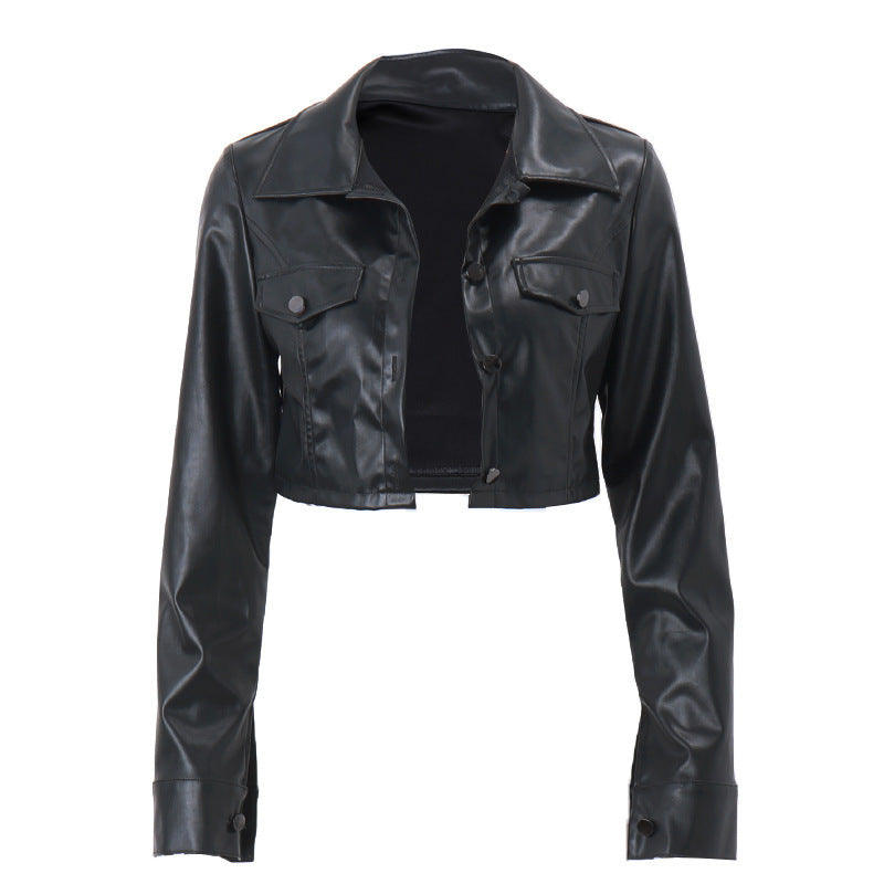 Women's cropped faux leather jacket with classic collar and fashionable cut, size S