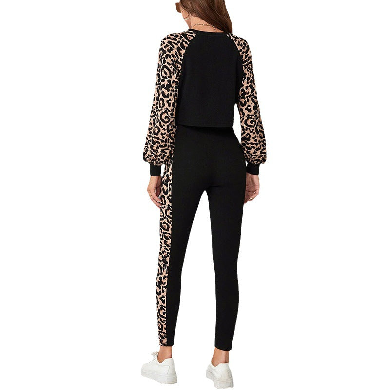 Women's athleisure set with fashionable leopard sleeves and slim fit, size [size missing]