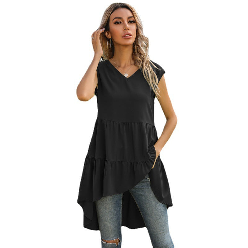 Women's Sleeveless Tunic Dress with Asymmetrical Hem and Chic Ruffle Drune