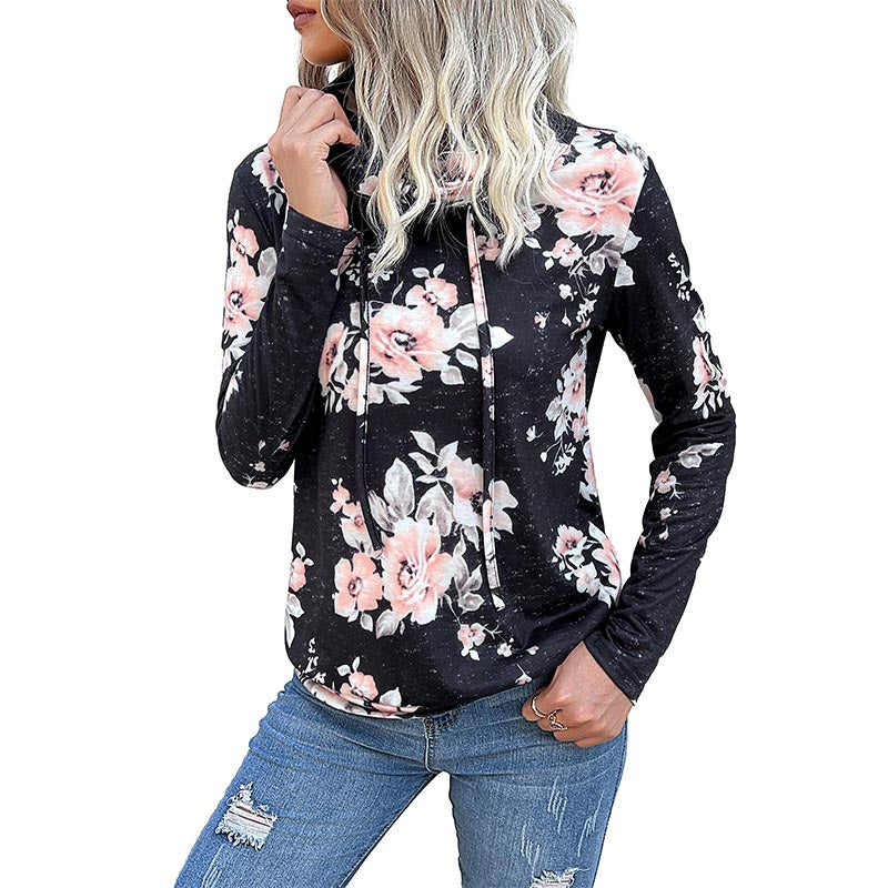Women's hooded sweatshirt with floral pattern and modern roll neck, size
