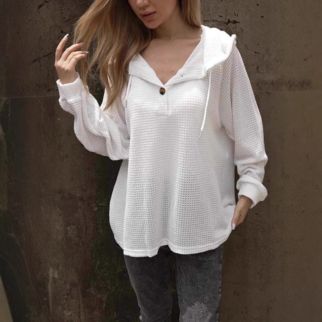 Valenzora | Solid Color Button Drawstring Loose Long Sleeve Hoodie