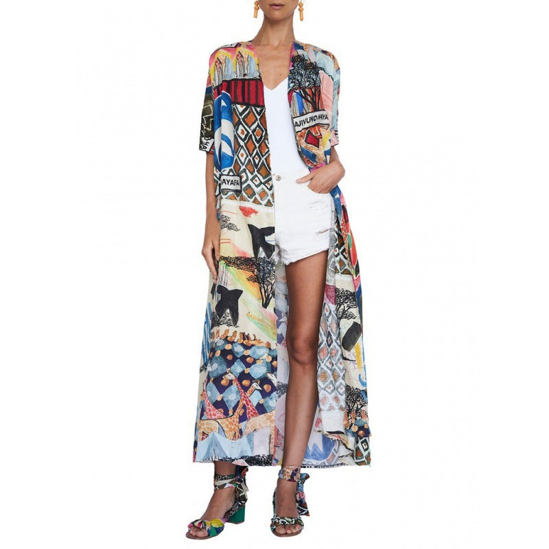 Women's kimono wrap with colorful patchwork design and lightweight fabric, size S
