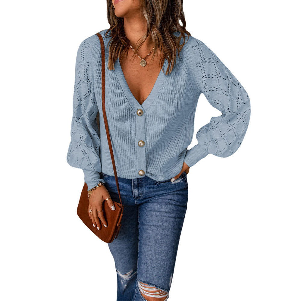 Damen Cardigan mit V-Ausschnitt und Puffärmeln, Größe