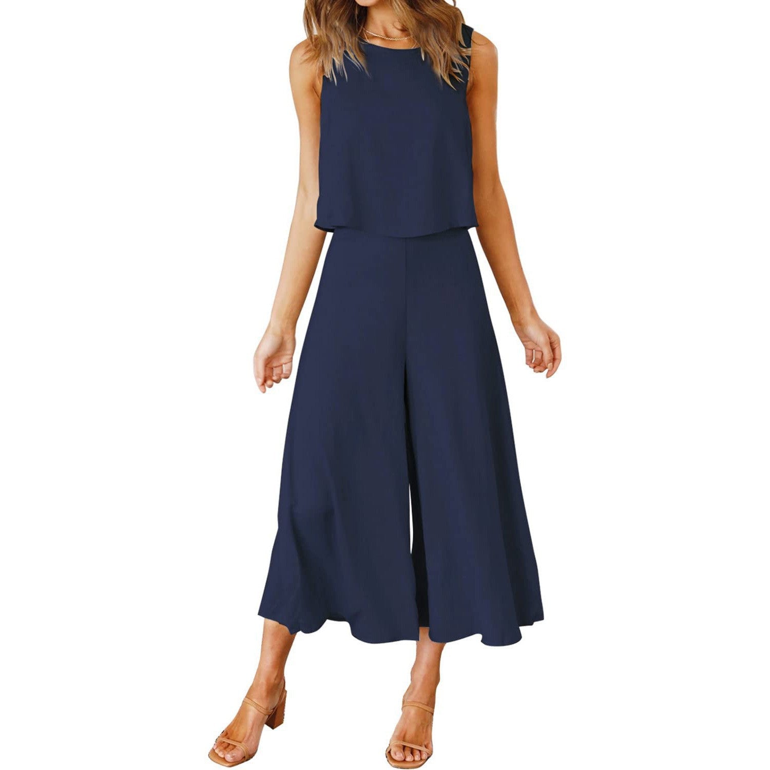 Women's airy jumpsuit with flared leg and sleeveless design, size S