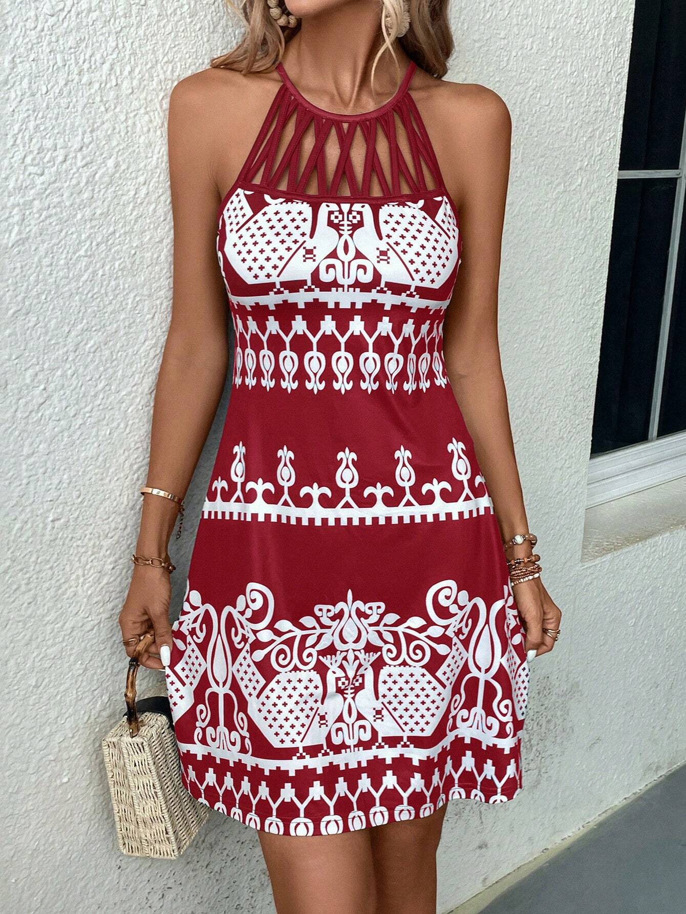 Ärmelloses Sommerkleid für Damen mit modischem Cut-Out-Design und grafischem Muster, Größe S
