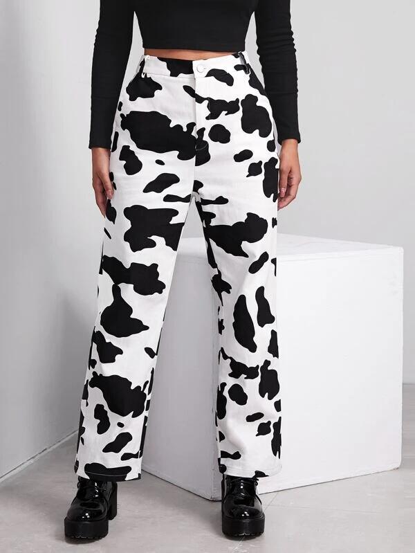 Valenzora | Women's Cow Print Straight Cut Trousers