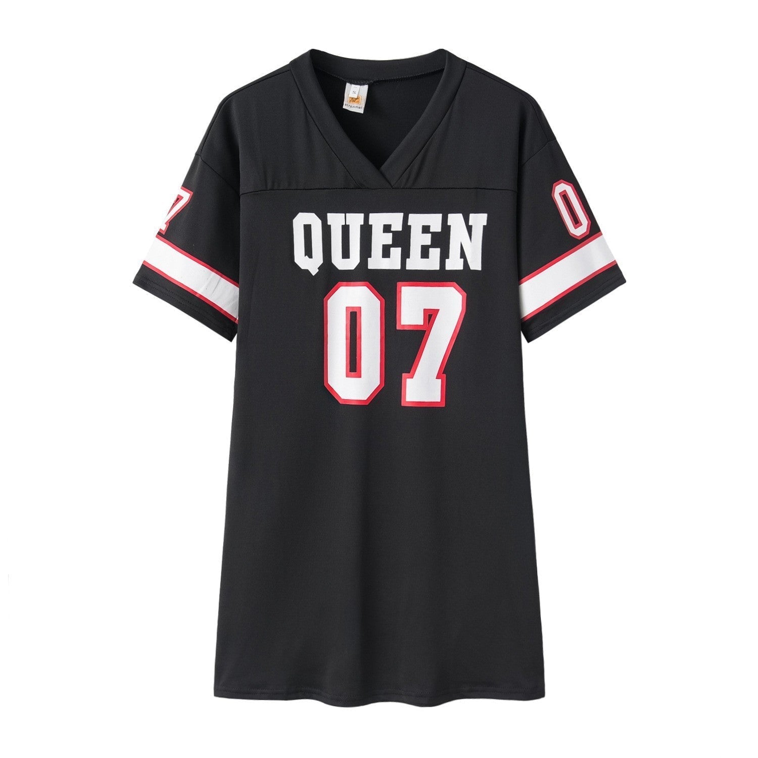 Women's sporty oversized T-shirt with V-neck and print details, size