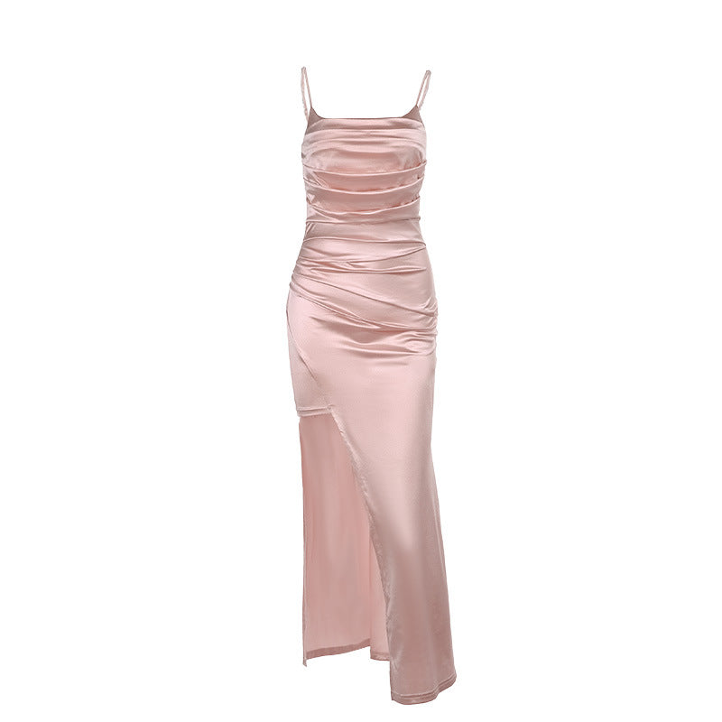 Elegantes Damen-Abendkleid aus Satin mit raffinierten Drapierungen und hohem Beinschlitz, Größe [size]
