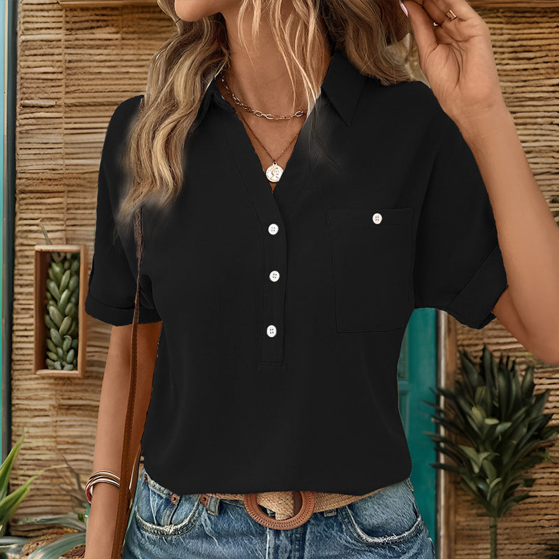 Women's short-sleeved blouse with button placket and chest pocket, size