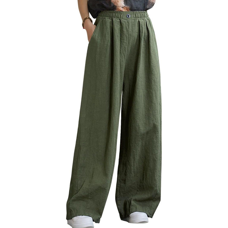 Women's wide linen trousers with elasticated waistband and feminine pleats, size