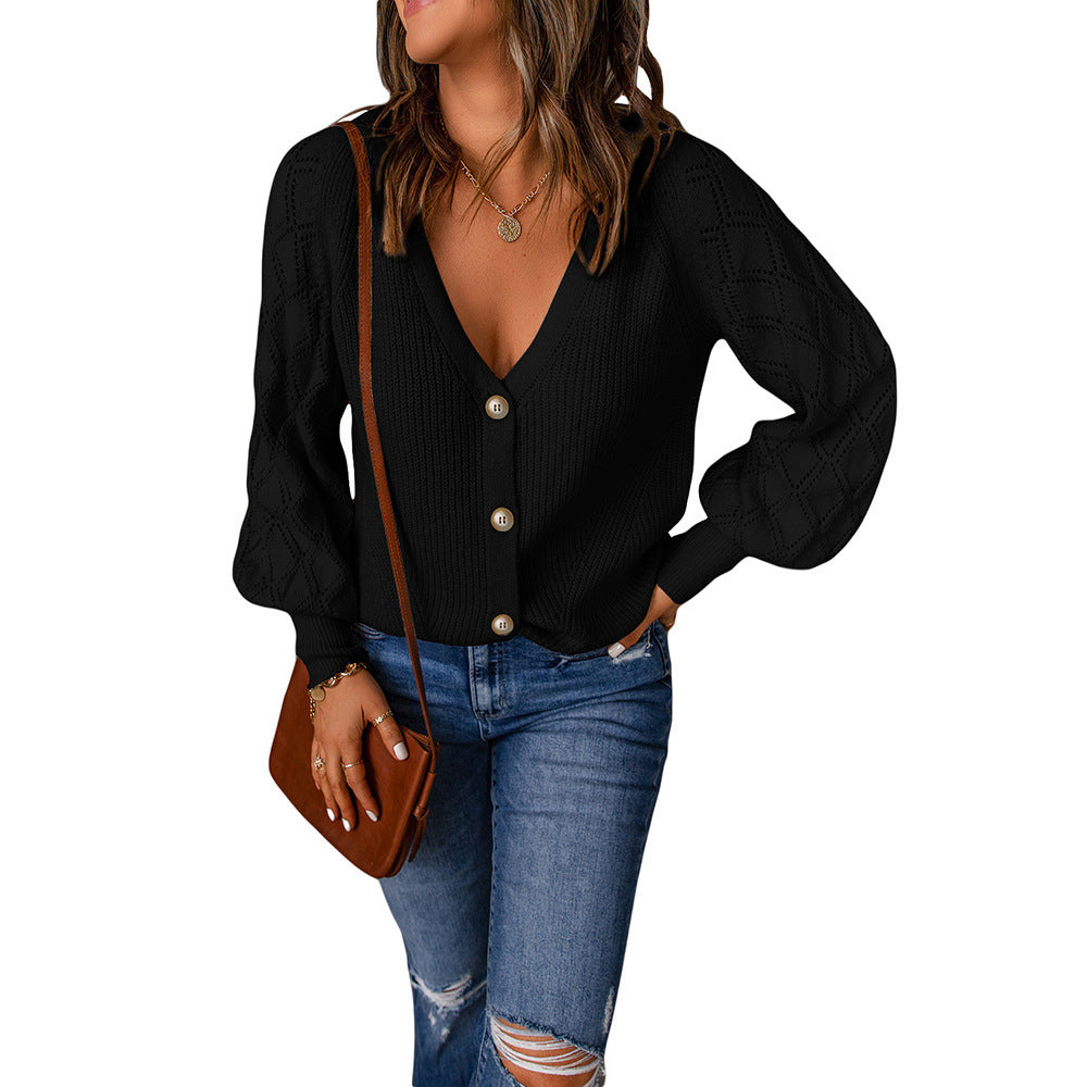 Damen Cardigan mit V-Ausschnitt und Puffärmeln, Größe