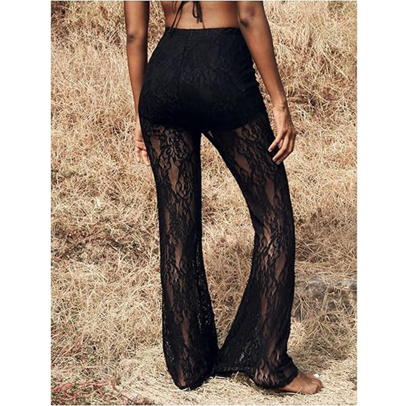 Women's elegant lace trousers with a high waist and wide leg, size