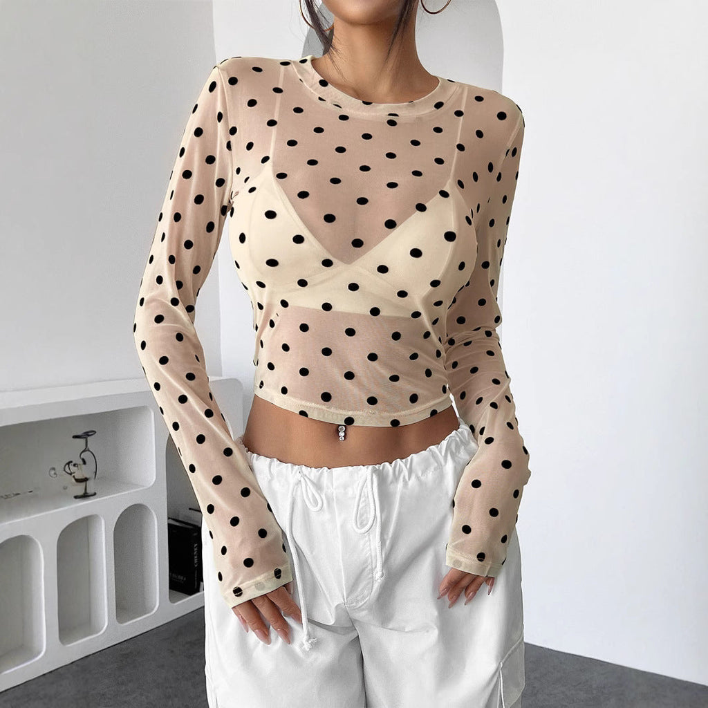 Valenzora | Sheer polka dot fitted mesh long-sleeved tee