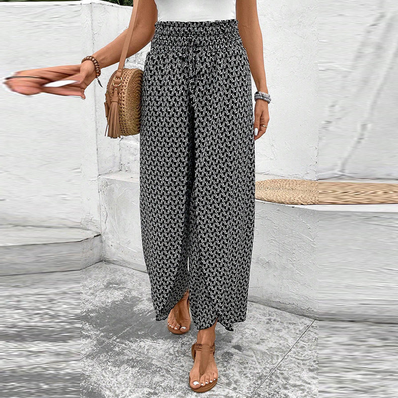 Women's wide-leg summer trousers with floral pattern and elasticated waistband, size