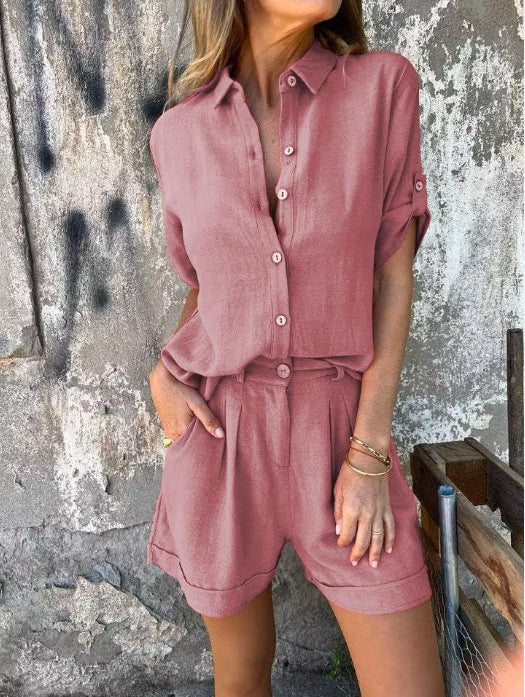 Women's casual jumpsuit with button-fastened top and practical drawstring waist