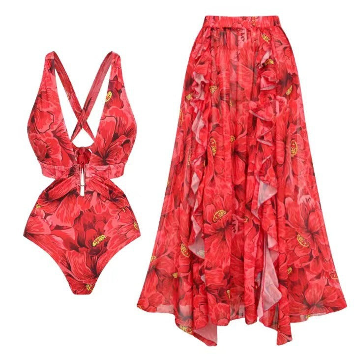 Women's swimsuit and maxi skirt set with floral accents and elegant ruffle details, size [size]