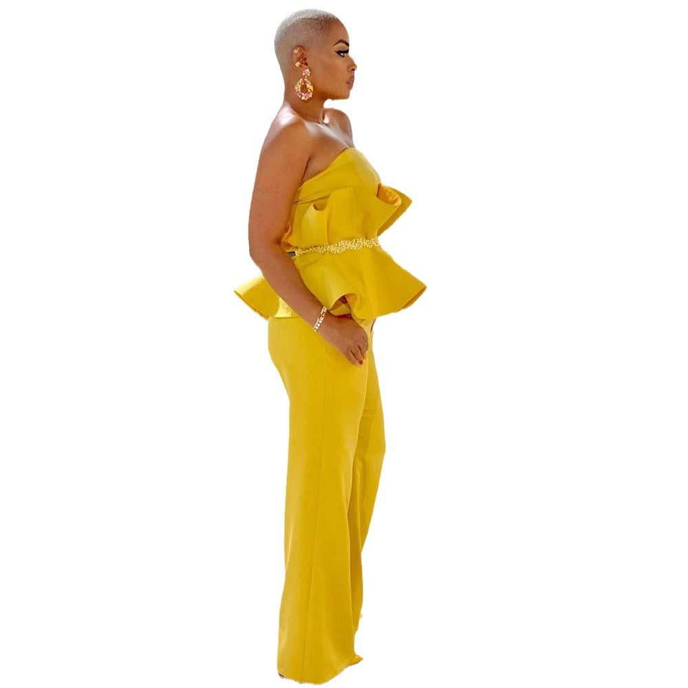Women's jumpsuit with voluminous ruffle design and off-the-shoulder top, size