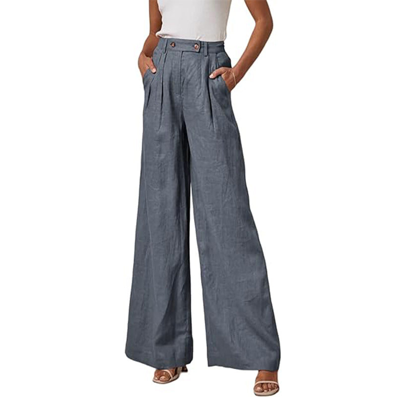 Elegante Damen-Leinenhose mit weitem Bein, hohem Bund und Bundfalten, Größe