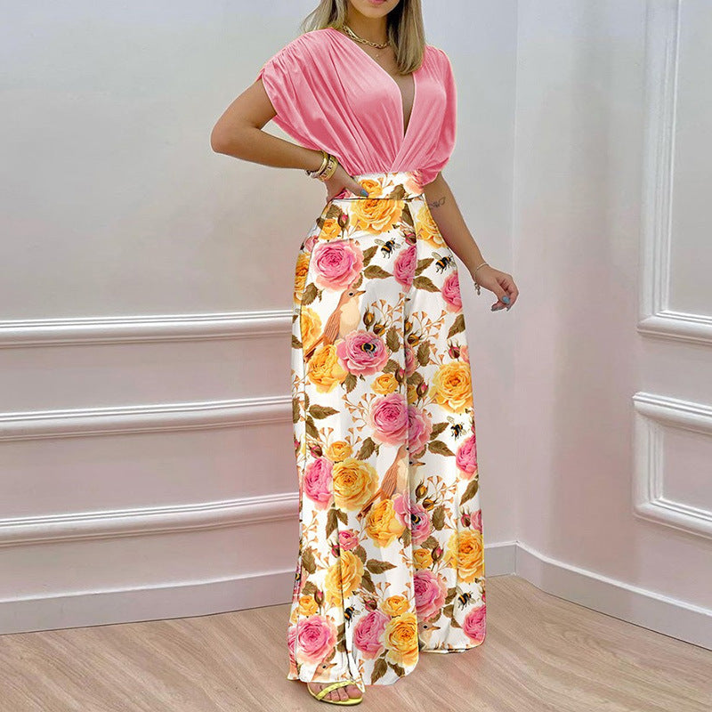 Damen-Jumpsuit mit tiefem V-Ausschnitt und weitem Bein, Größe