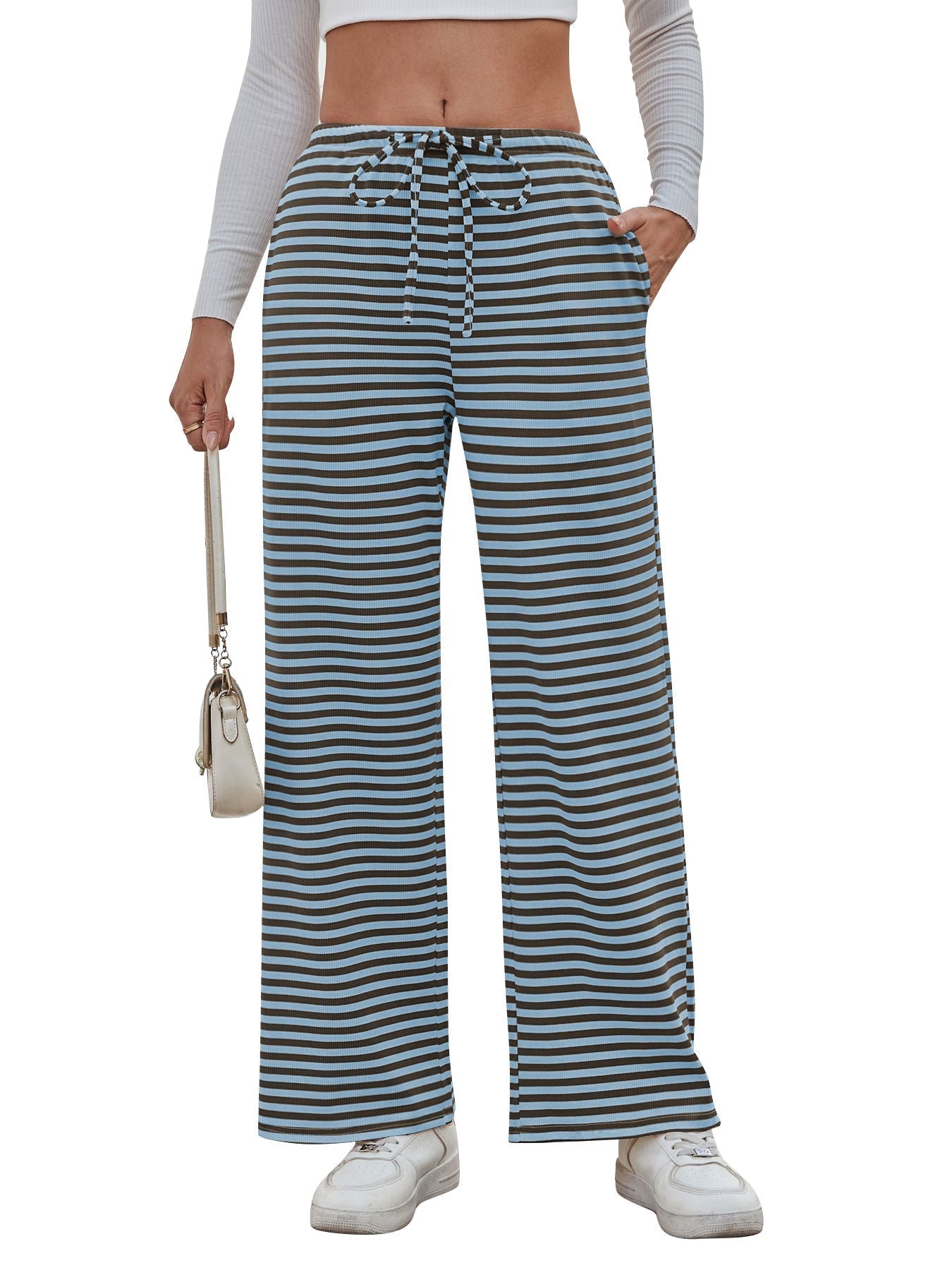 Women's wide-legged striped trousers with elasticated waistband and drawstring, size