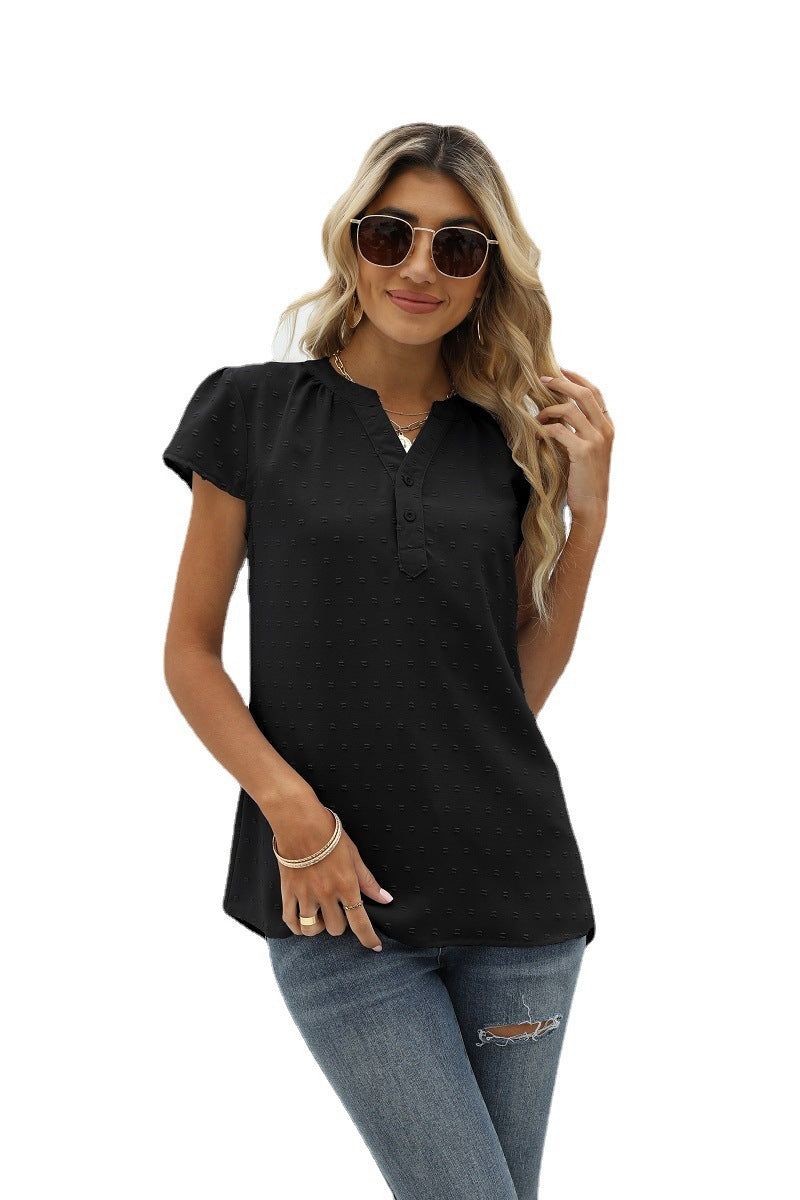 Valenzora | Jacquard Chiffon Loose V-Neck Short Sleeve Top