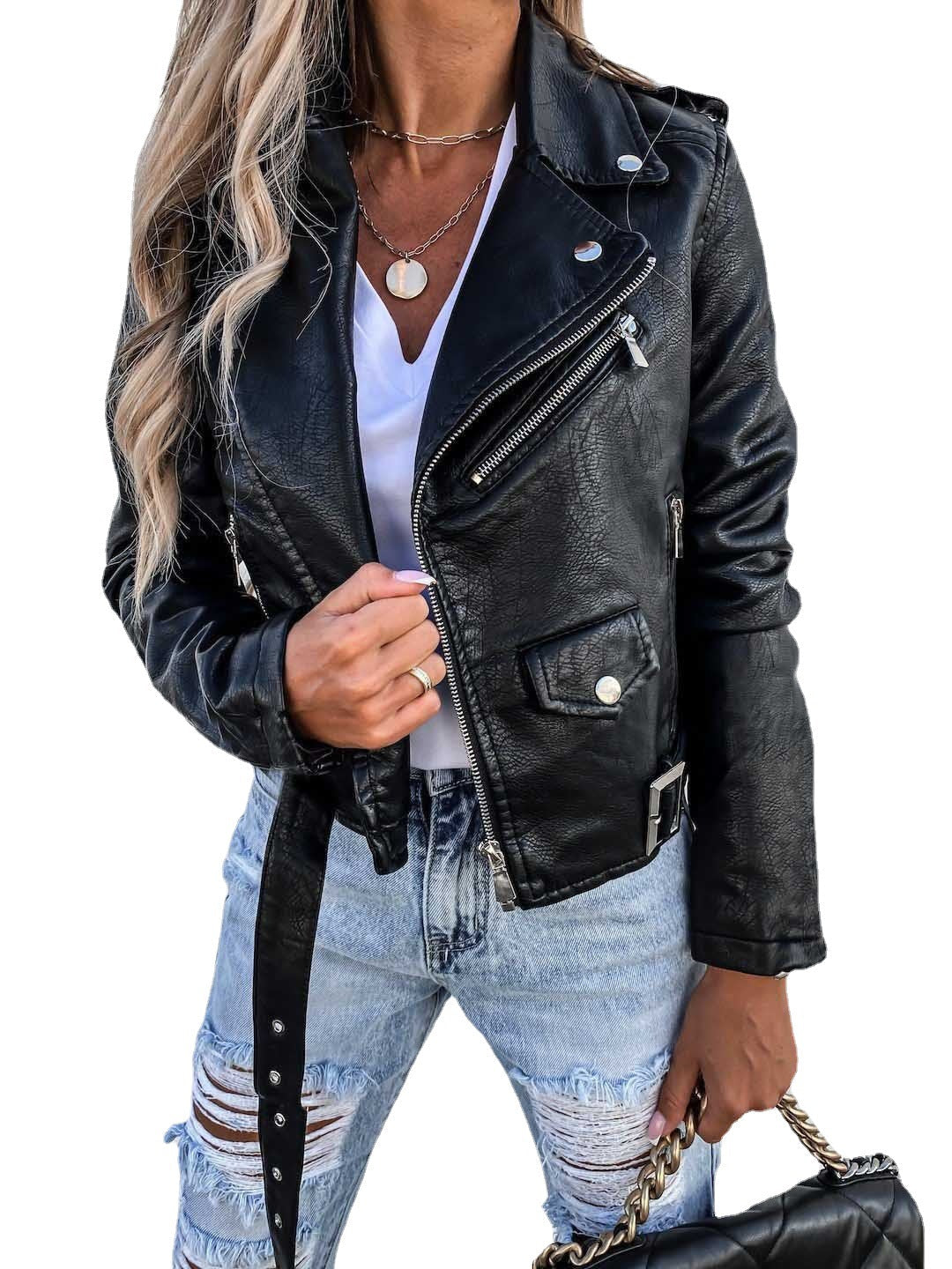 Valenzora-PU leather coat, short zip jacket
