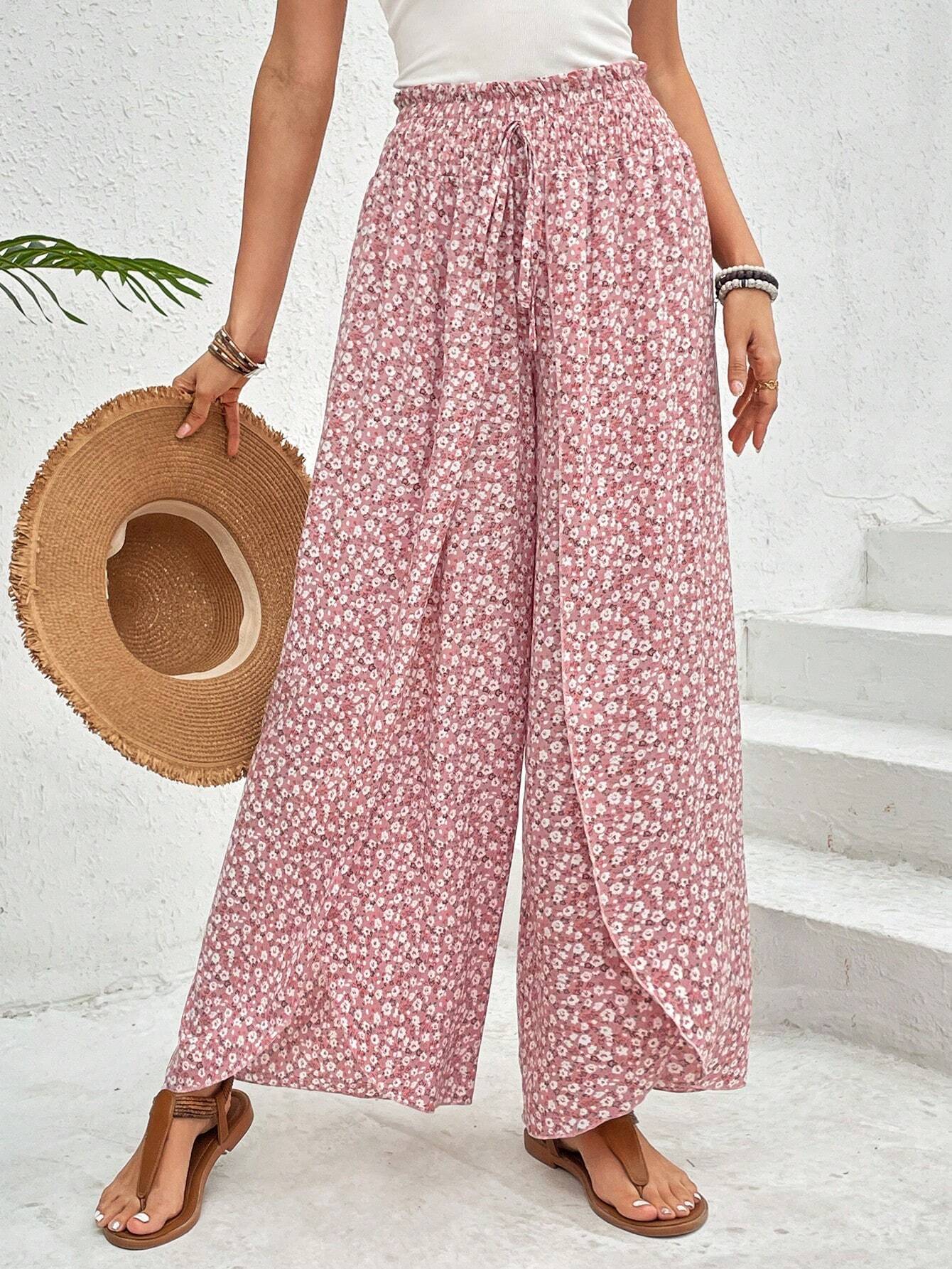 Women's wide-leg summer trousers with elasticated waistband and floral design, size S
