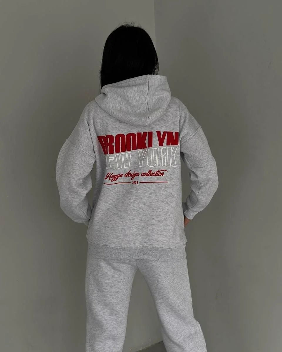 Women's casual fleece hoodie and jogging pants set with practical drawstring and high-quality cotton blend, size [size missing]