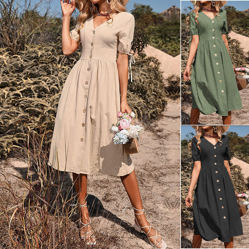 Damen-Sommerkleid, knielang, mit V-Ausschnitt und romantischen Knopfdetails, Größe