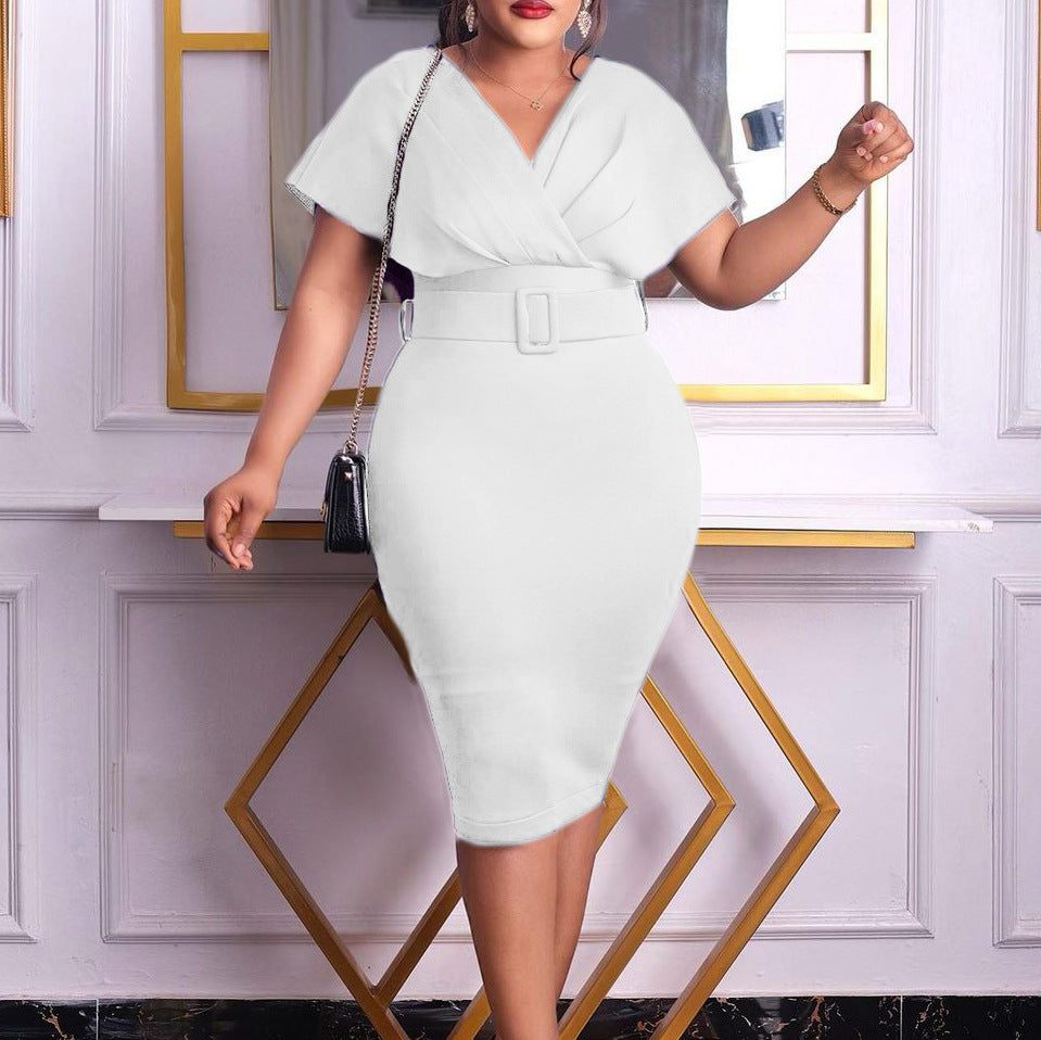 Valenzora | Women's V-neck fitted midi dress with belt