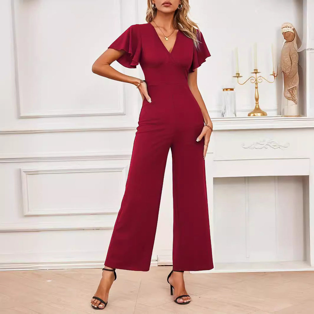 Women's elegant wide-leg jumpsuit with ruffle details, size