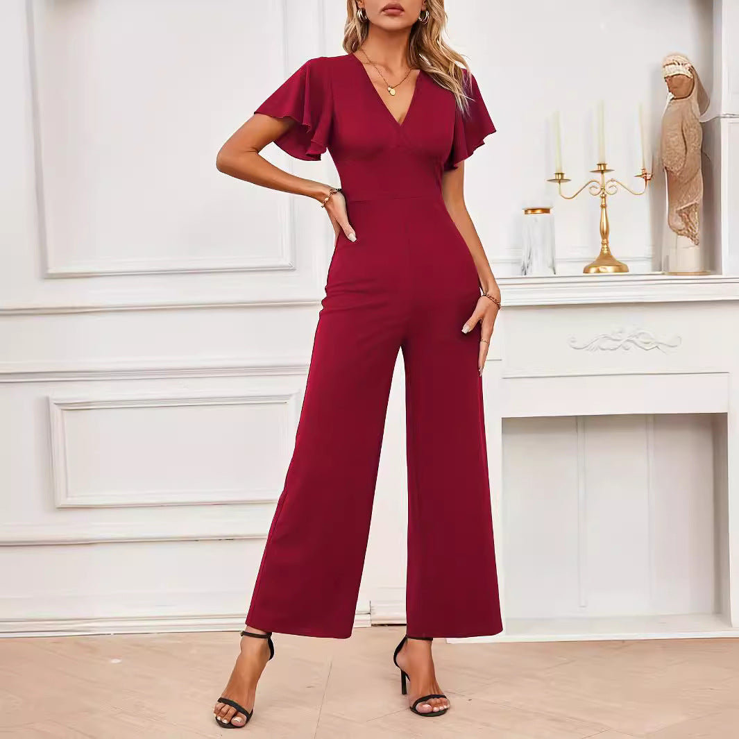Women's elegant wide-leg jumpsuit with ruffle details, size