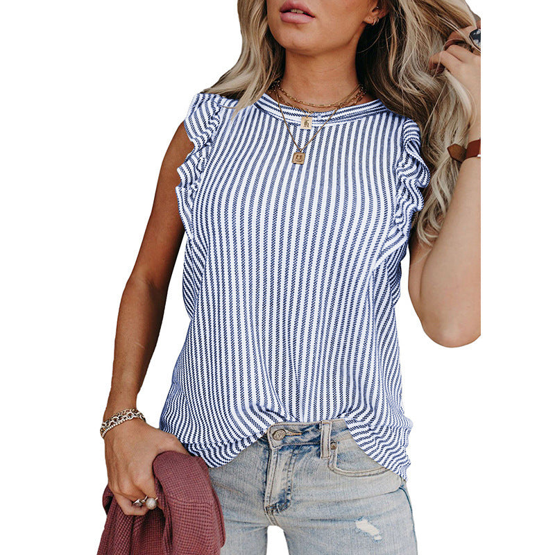 Women's top with ruffle details and striped pattern, size