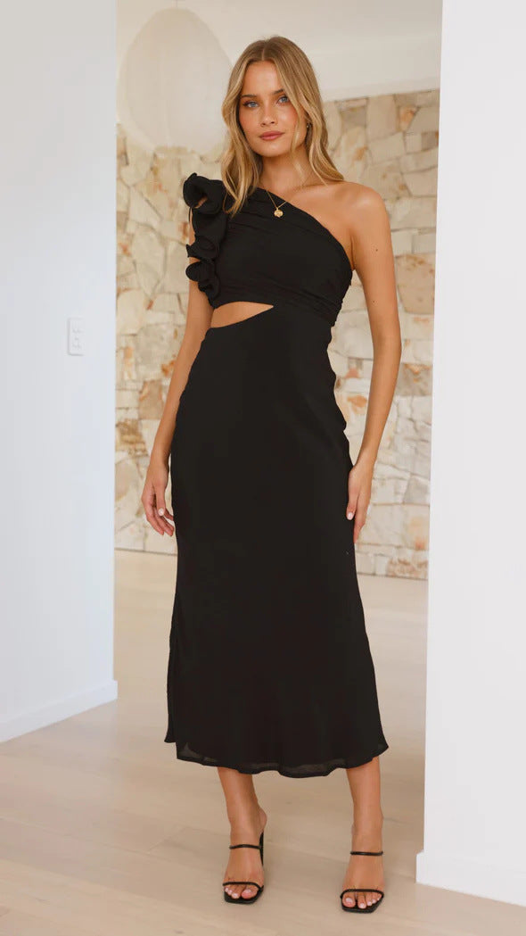 Women's cocktail dress with asymmetrical cut and ruffle details, size