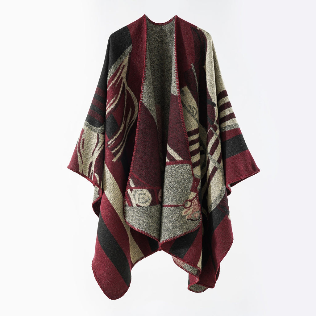Eleganter Damen-Strickponcho mit kunstvollem Muster und feinen Fransen, Größe Valenzora