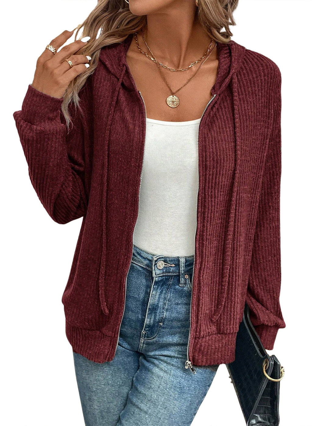 Gemütliche Kapuzenjacke für Damen in stylischem Rippstrick-Design, Größe Valenzora
