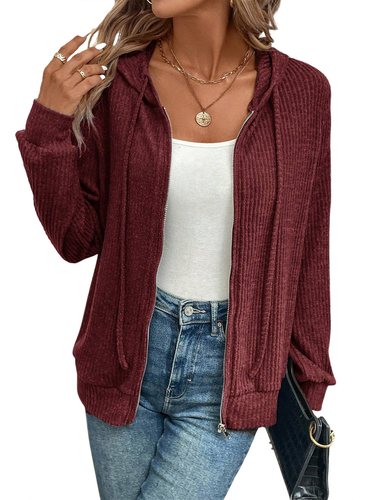 Gemütliche Kapuzenjacke für Damen in stylischem Rippstrick-Design, Größe Valenzora
