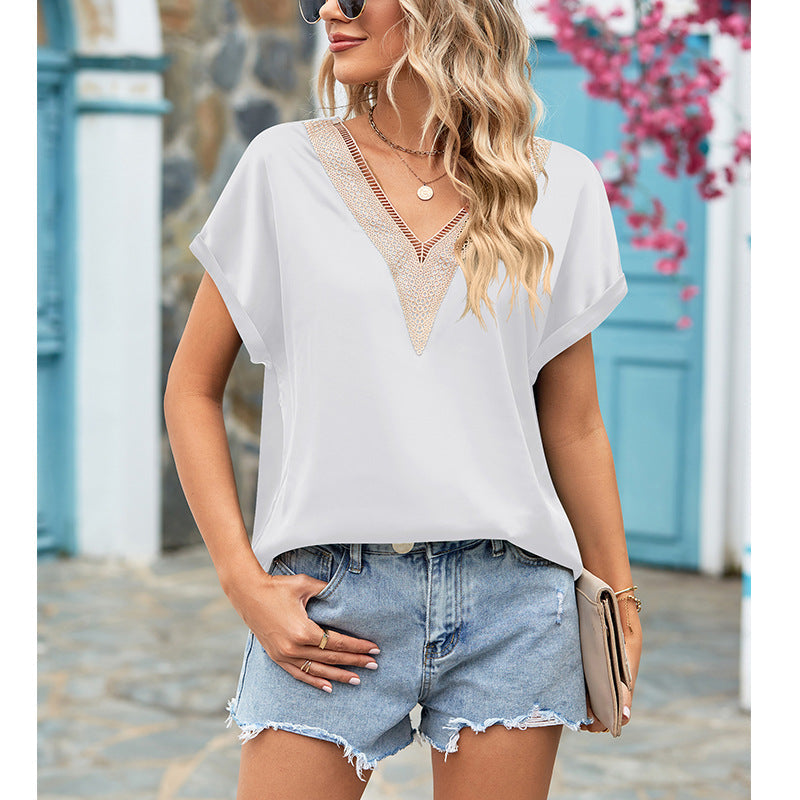 Women's blouse with deep V-neck and crochet accents, size