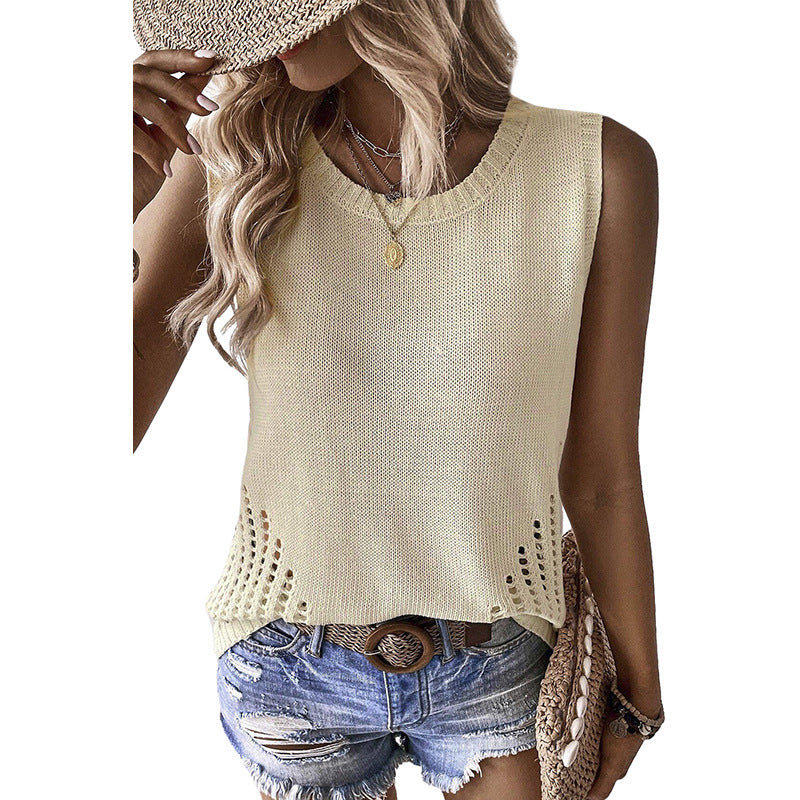Women's sleeveless knit top with airy openwork design, size