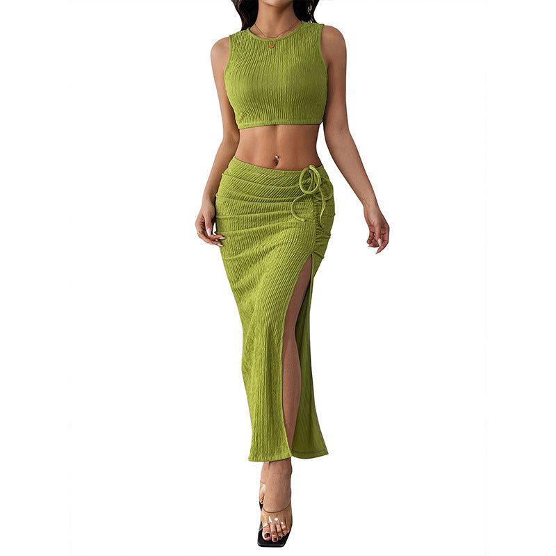 Damen-Set bestehend aus Crop-Top und Maxirock mit raffinierten Rüschen und seitlichem Schlitz, Größe Valenzora