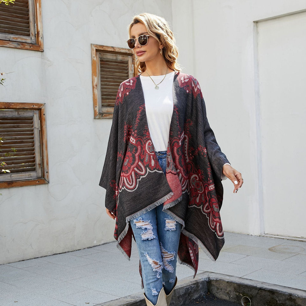 Women's Elegant Kimono Poncho with Artful Pattern and Fringed Edges Valenzora