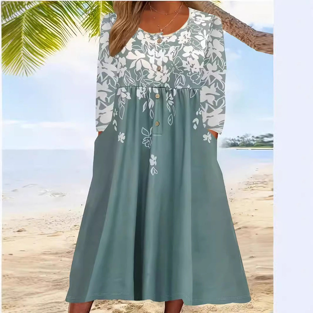 Women's flowing midi dress with floral print and practical pockets, size [size]