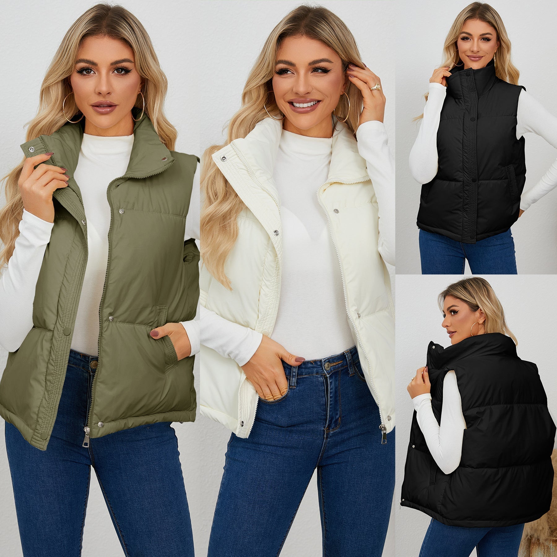 Women's vest with high collar and practical pockets, size