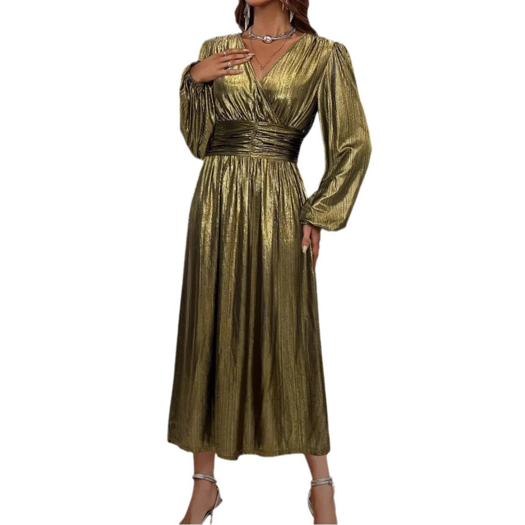 Elegantes Midikleid für Damen mit Metallic-Glanz und raffinierten Puffärmeln, Größe [size]